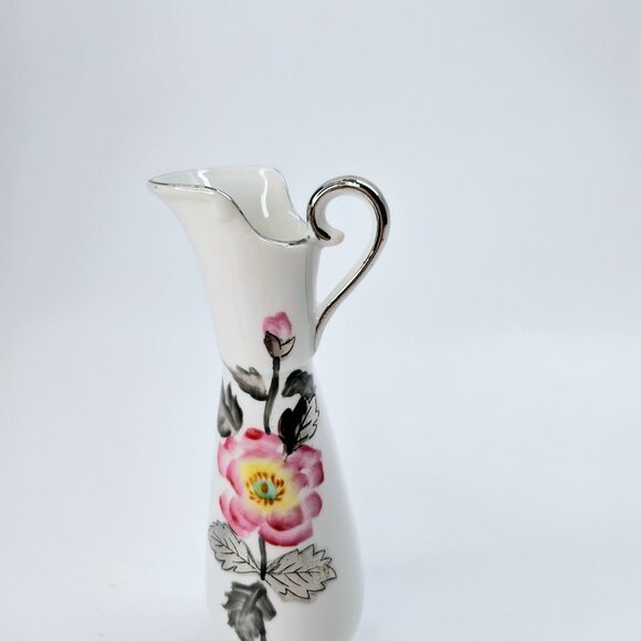 VTG Small Floral Porcelain Pitcher Bud Vase w/ Pink Rose & Silver Foil, Handle - Picture 2 of 6